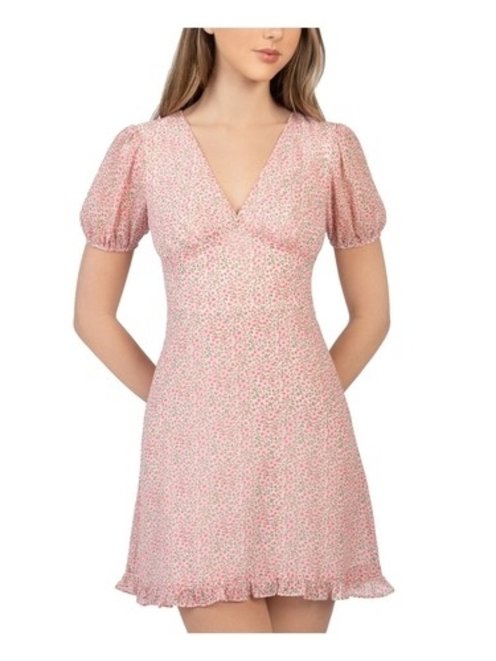 B Darlin Pink Floral Midi Dress with Puff Sleeves